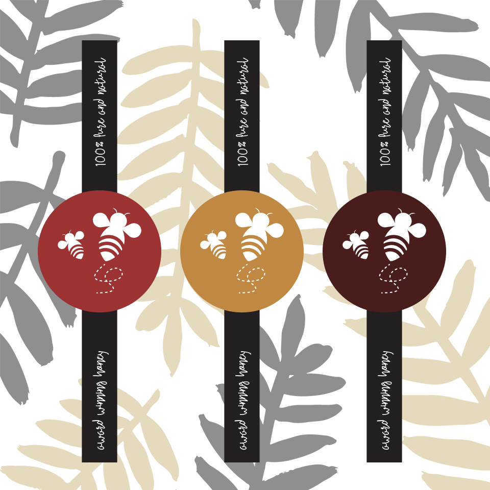 Meli Mama safety labels for fir honey, pine honey, and wildflower honey